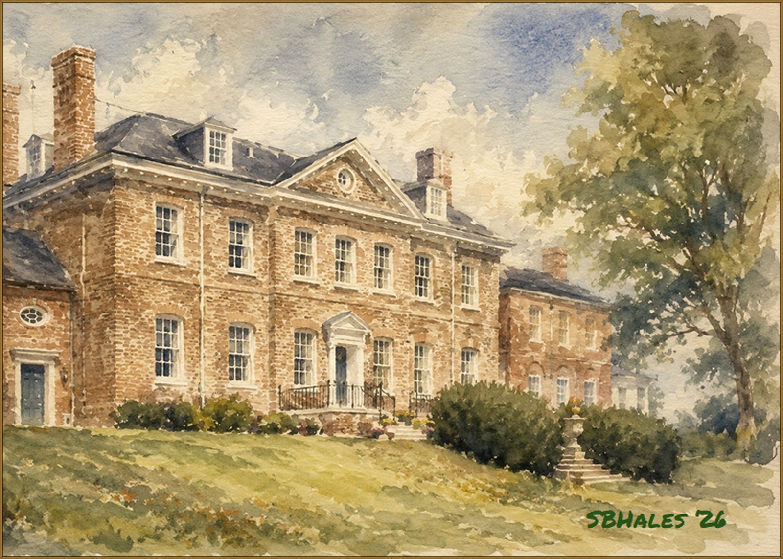 Watercolor painting of the historic Belair Mansion in Bowie, Maryland, built circa 1745 for Governor Samuel Ogle.