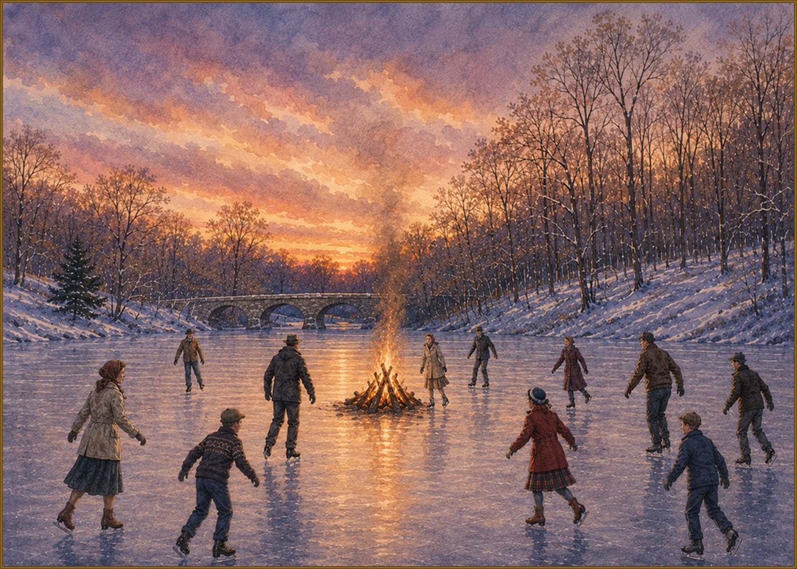 Watercolor painting of people ice skating around a bonfire on Woodward Pond in Bowie, Maryland, on a winter evening in 1961.