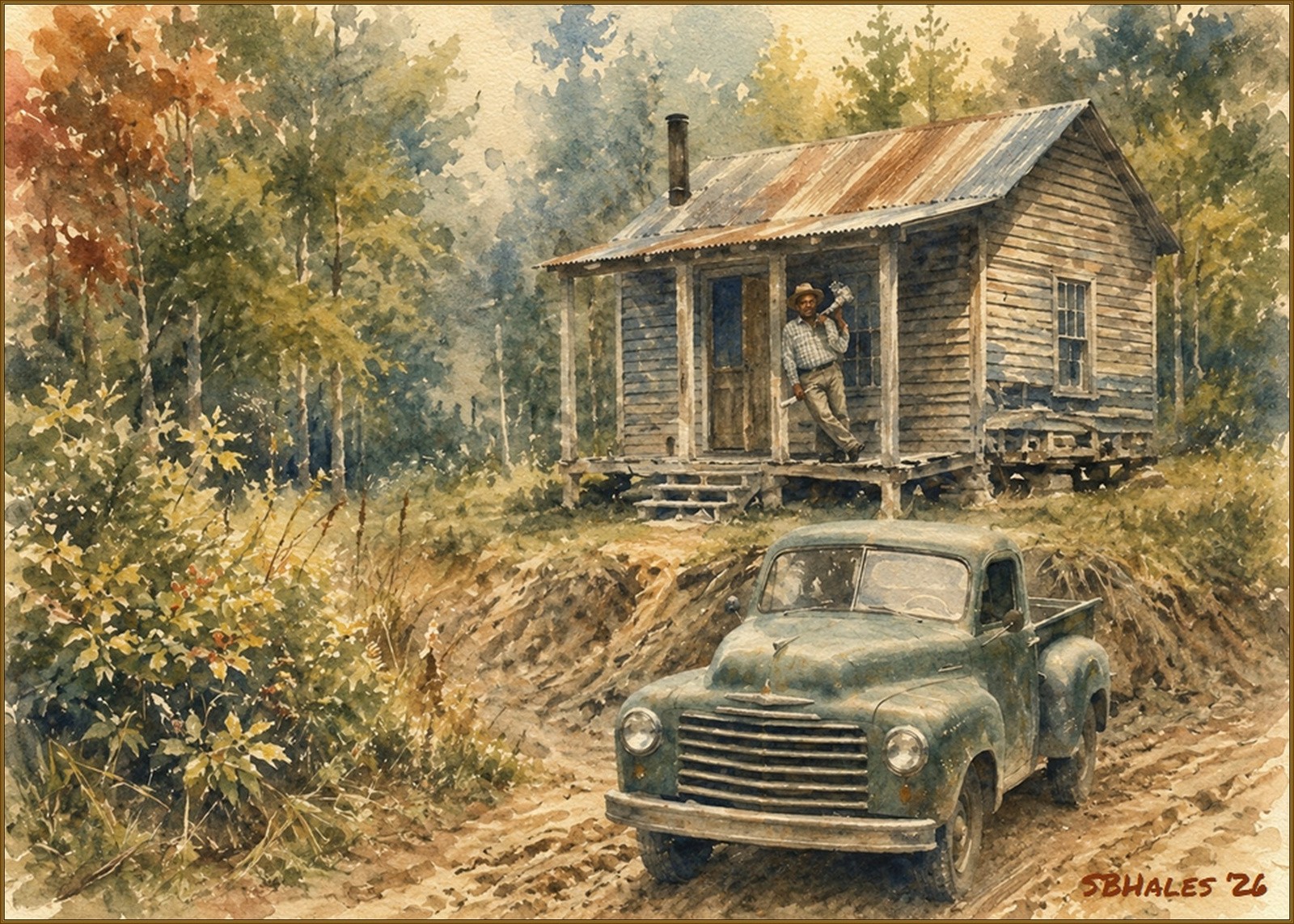Watercolor painting of a small cabin and 1952 Studebaker pickup along a wooded road in Bowie, Maryland, in 1959.