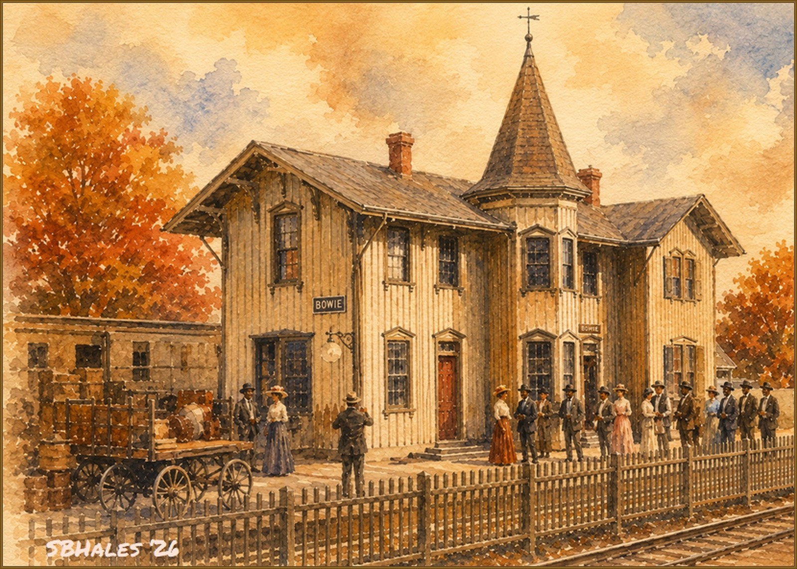 Watercolor interpretation of Bowie Train Station in Maryland during the late 19th century, with passengers and railroad activity.