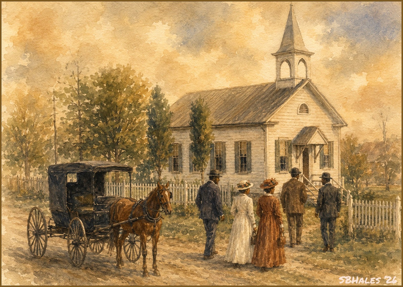 Watercolor painting of Bowie Methodist Episcopal Church in Bowie, Maryland, with worshippers arriving by horse-drawn carriage.