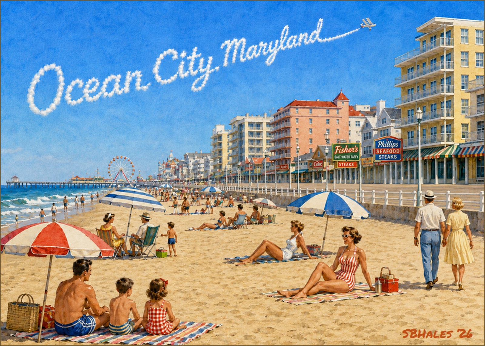 Watercolor painting of Ocean City, Maryland, in 1960, showing a crowded beach, the boardwalk, and skywriting spelling “Ocean City, Maryland.”
