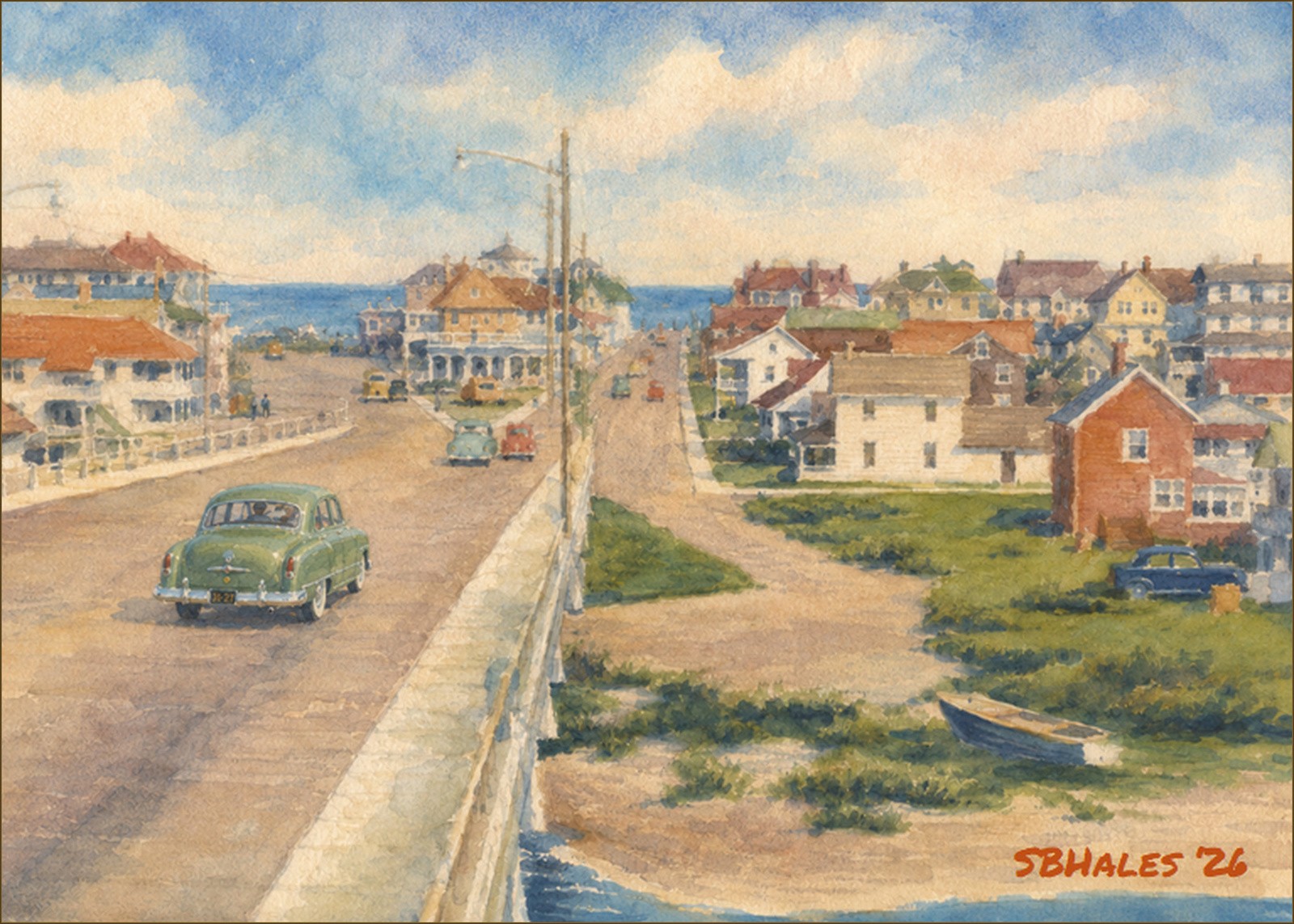 Watercolor painting of the road into Ocean City, Maryland, in 1952, showing a 1951 green Kaiser sedan approaching the coastal resort.
