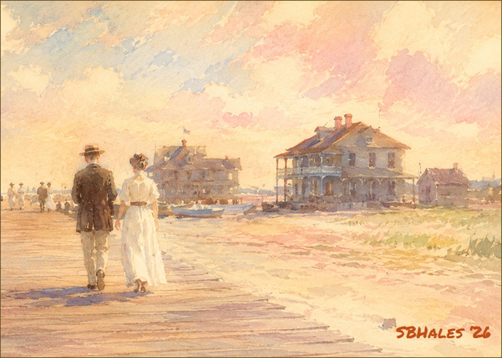 Watercolor painting of the Ocean City, Maryland, boardwalk in 1928, showing a wooden promenade, beachgoers, boats, and early resort buildings.