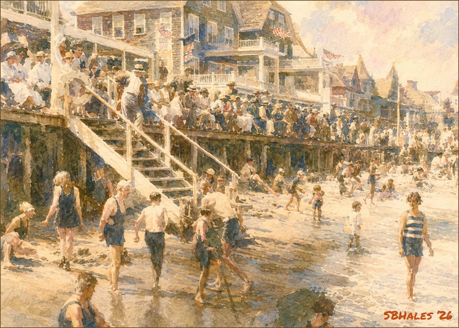 Watercolor painting of the Ocean City, Maryland, boardwalk and beach in 1930, showing summer visitors, the elevated wooden boardwalk, beach activity, and historic resort buildings.