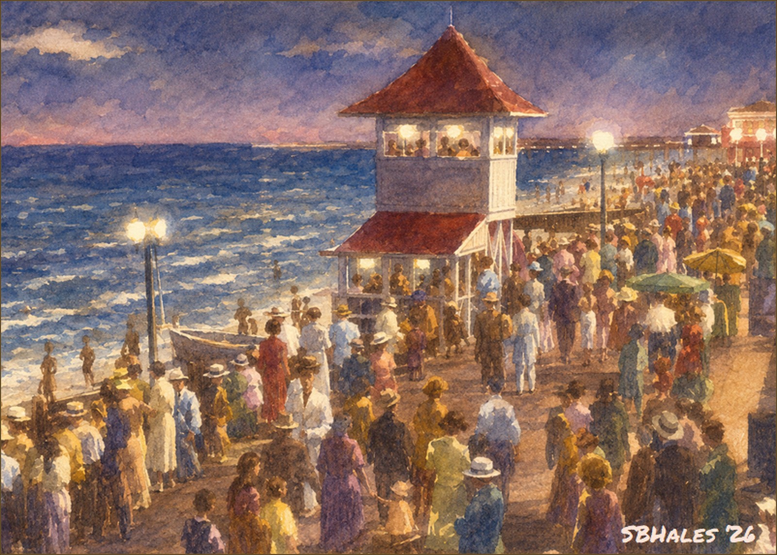 Watercolor painting of Ocean City, Maryland, in the mid-1940s, showing a lively evening boardwalk, oceanfront crowds, illuminated shops, and the Atlantic Ocean.