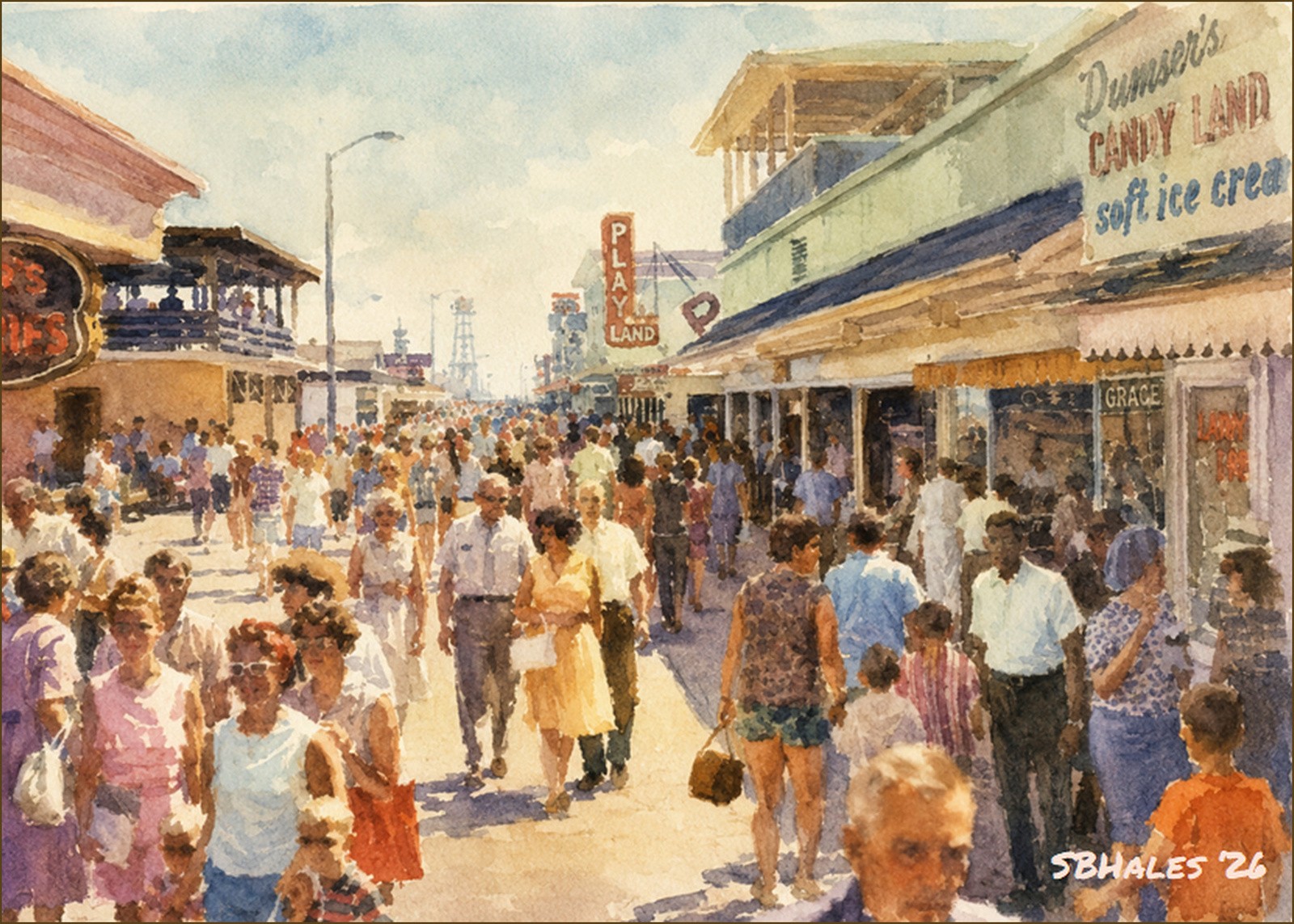 Watercolor painting of Ocean City, Maryland, in the early 1960s, showing a busy boardwalk lined with shops, arcades, food stands, and summer visitors.