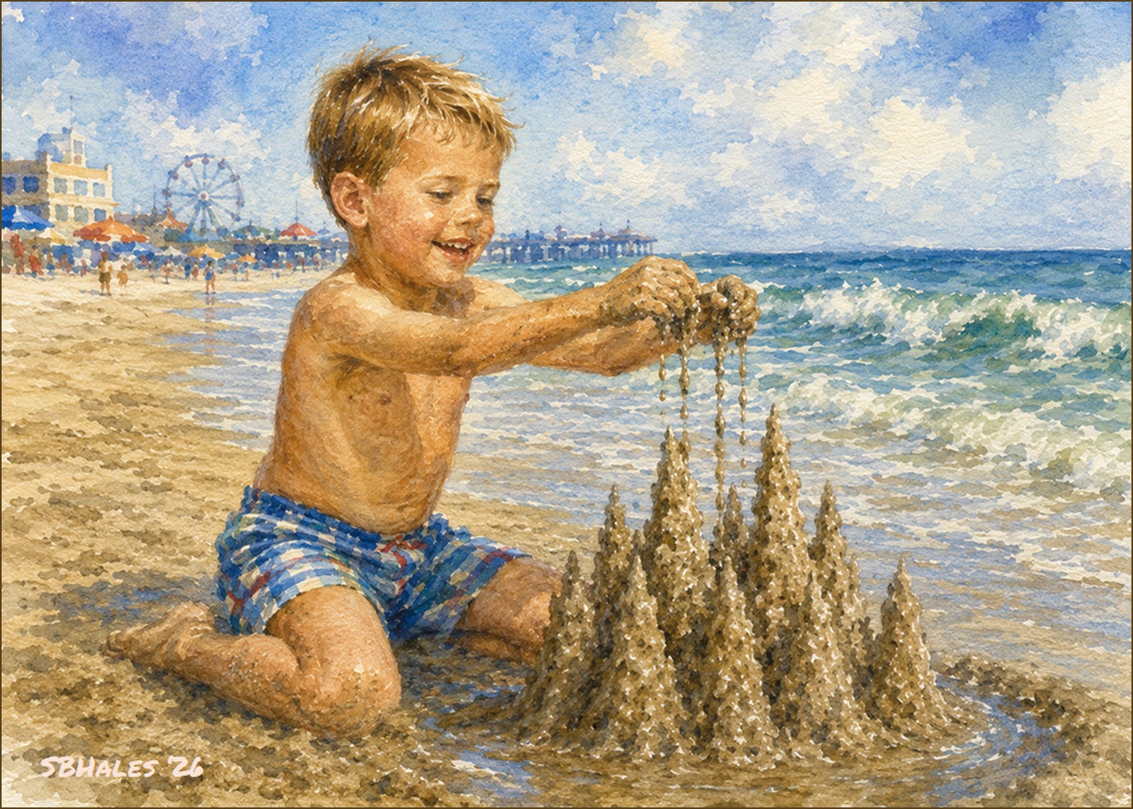 Watercolor painting of a six-year-old Steve building a drip-castle on the beach at Ocean City, Maryland, in 1953, with the boardwalk and amusement rides in the distance.