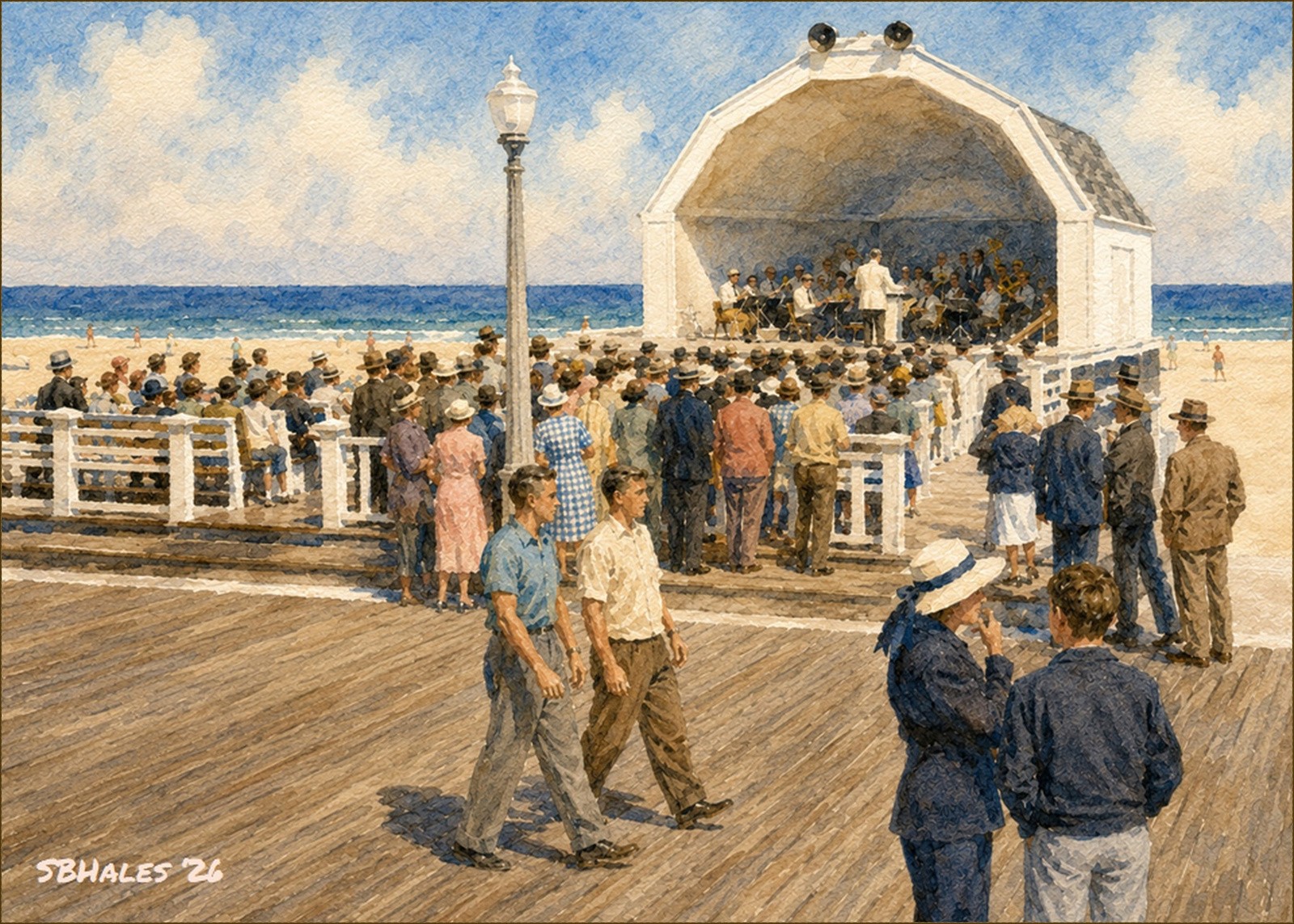 Watercolor painting of Ocean City's boardwalk bandshell in the late 1950s, with a community band performing before a crowd beside the Atlantic Ocean.