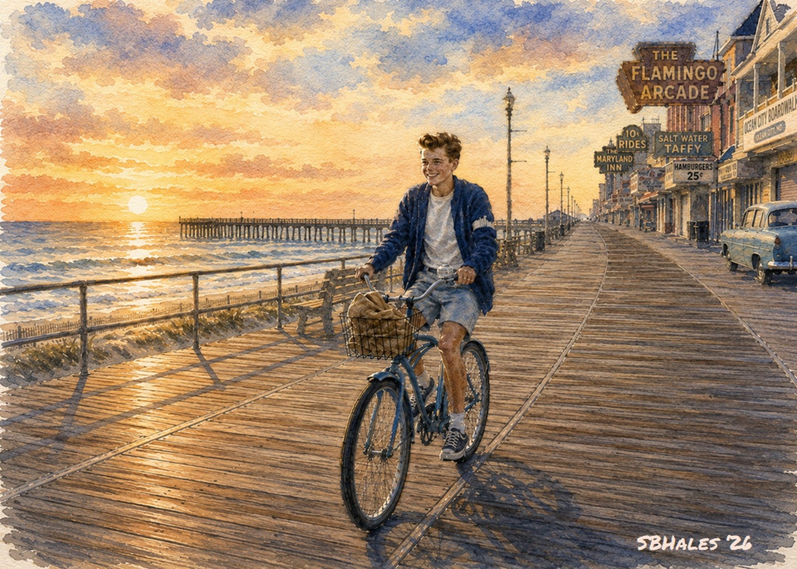 Watercolor painting of thirteen-year-old Steve riding a rented bicycle along Ocean City's boardwalk on a quiet summer morning in 1960, with the Atlantic Ocean and sunrise in the background.