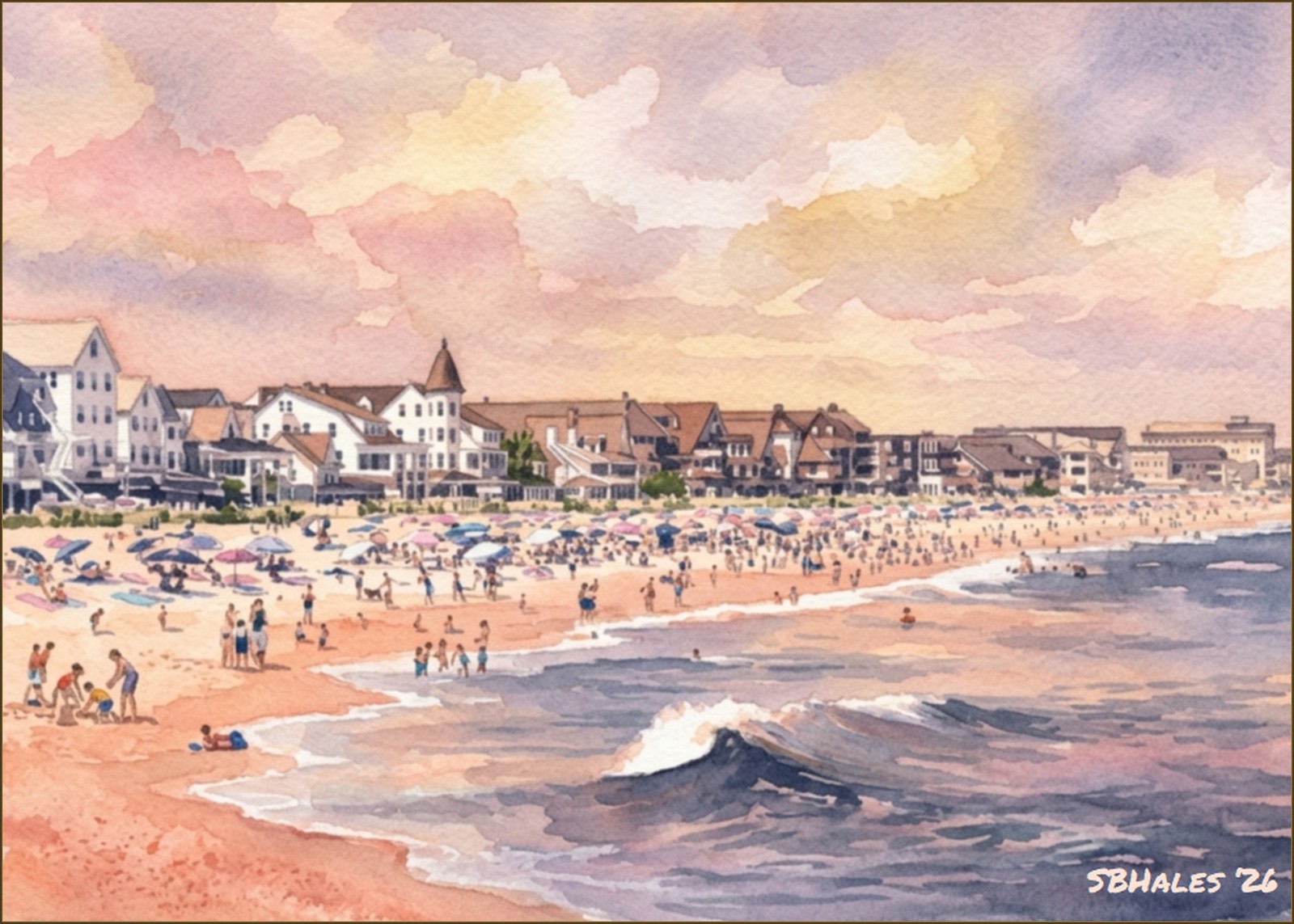Watercolor painting of Ocean City, Maryland, in 1959, showing a crowded summer beach, Atlantic waves, colorful umbrellas, and historic oceanfront hotels.