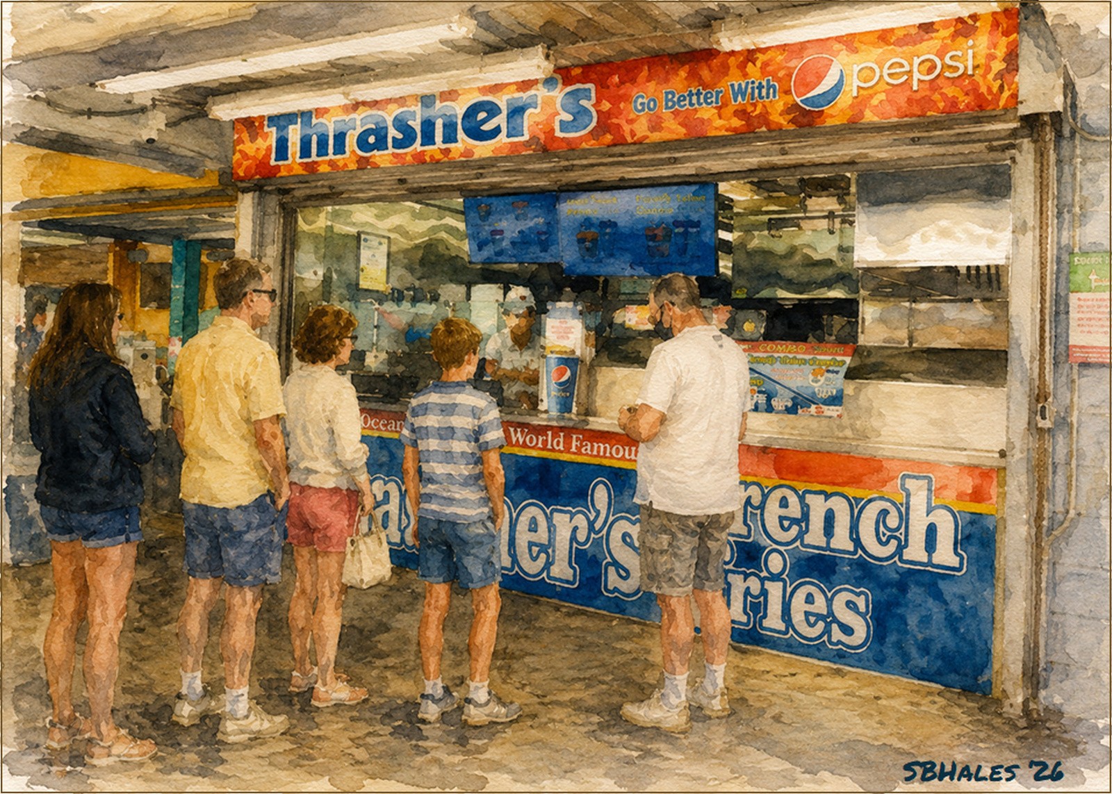 Watercolor painting of visitors waiting at Thrasher's French Fries on the Ocean City, Maryland, boardwalk in the early 1960s, with the famous fries stand and families in line.