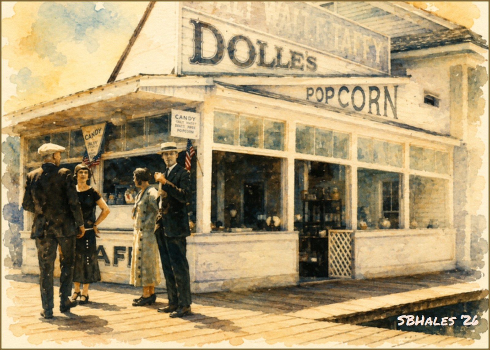 Watercolor painting of Dolle's Candyland on the Ocean City, Maryland, boardwalk in 1930, showing the historic candy and popcorn storefront and summer visitors.