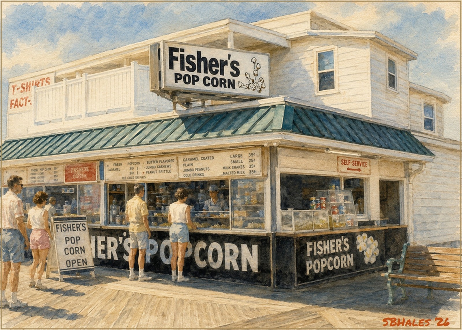 Watercolor painting of Fisher's Popcorn on the Ocean City, Maryland, boardwalk in the early 1960s, showing the historic popcorn stand and summer visitors.