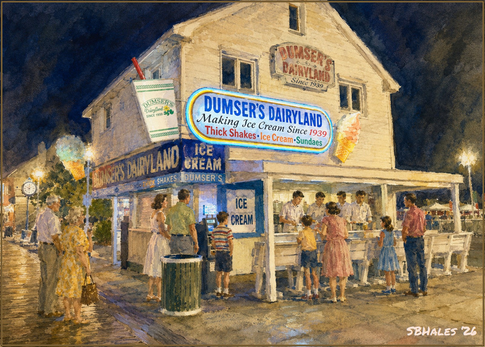Watercolor painting of Dumser's Dairyland on the Ocean City, Maryland, boardwalk in the early 1960s, showing the illuminated ice cream stand and summer visitors.