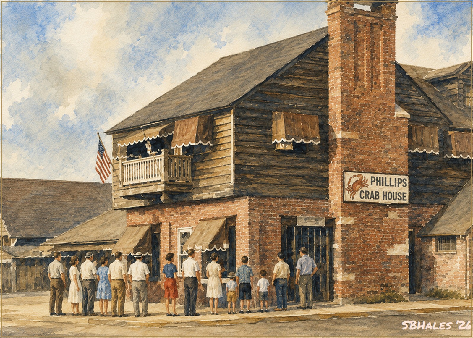 Watercolor painting of Phillips Crab House in Ocean City, Maryland, in the early 1960s, showing the historic crab house and summer visitors waiting outside.
