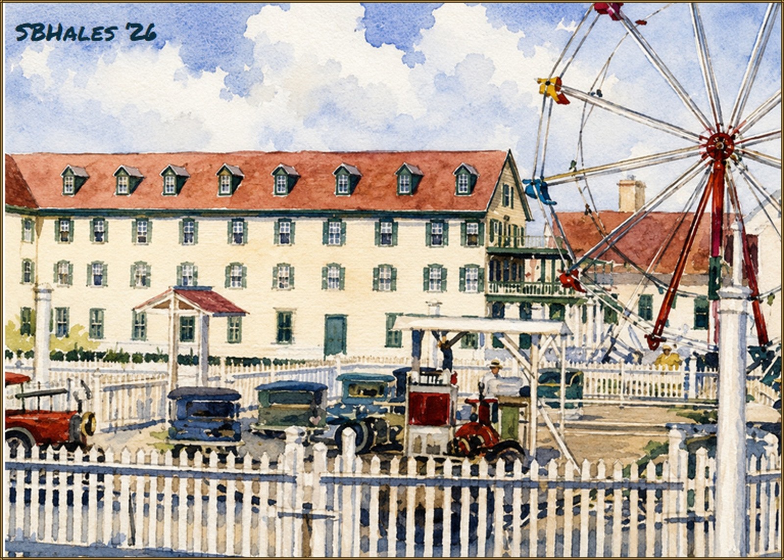 Watercolor painting depicting the early Trimper family enterprises and amusement grounds in Ocean City, Maryland, around 1892, with the historic hotel, Ferris wheel, vintage vehicles, and summer visitors.
