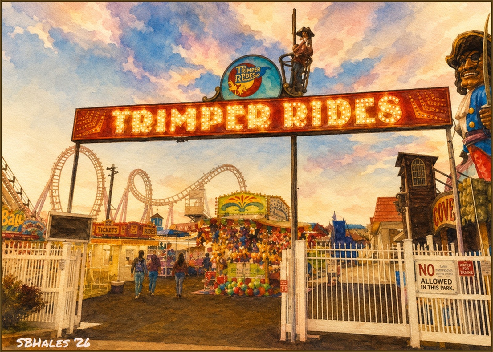 Watercolor painting of Trimper Rides on the Ocean City, Maryland, boardwalk, showing the Trimper Rides entrance, carnival attractions, thrill rides, and summer visitors.