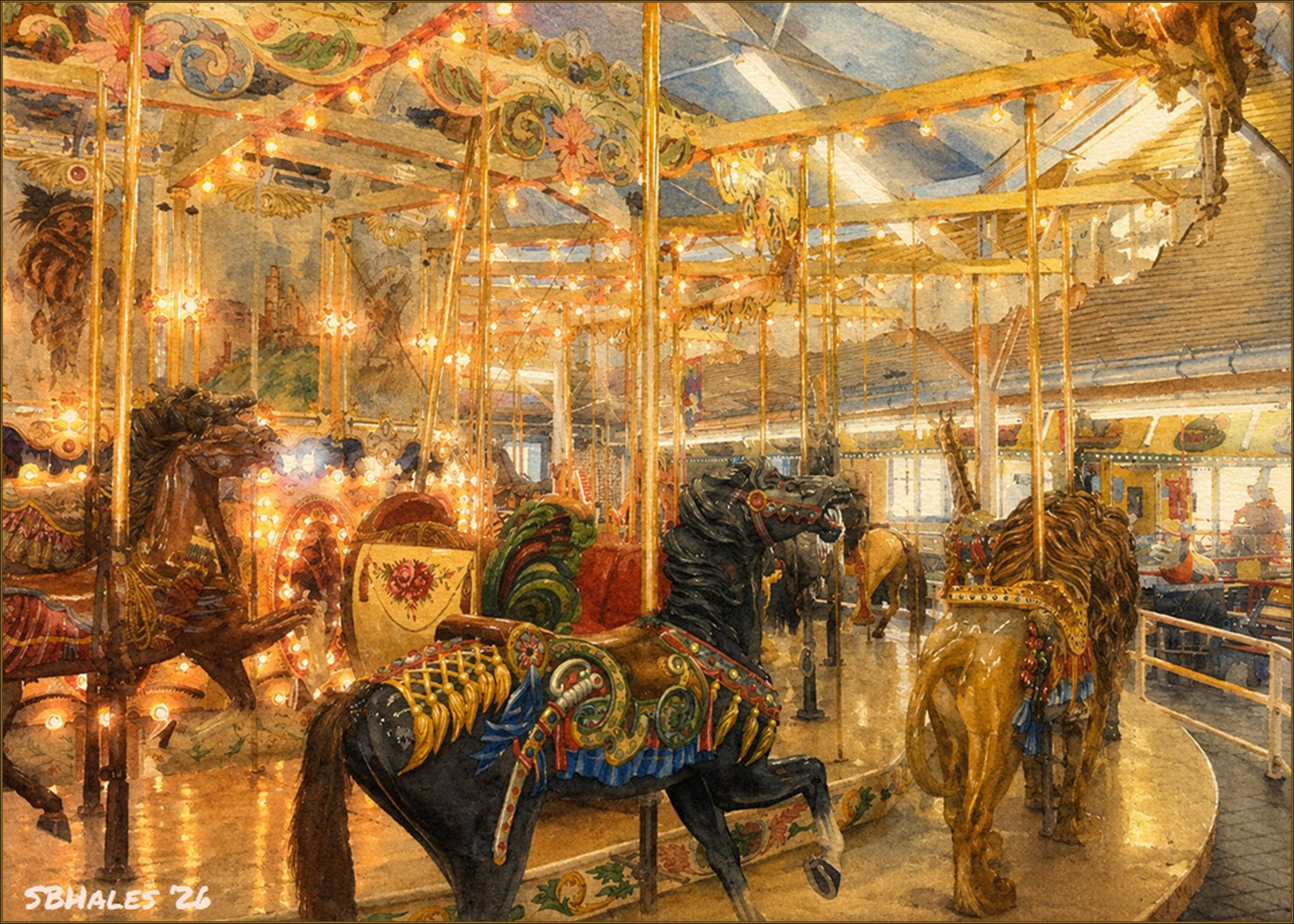 Watercolor painting of the Herschell-Spillman Grand Carousel at Trimper Rides in Ocean City, Maryland, showing ornate hand-carved carousel animals, bright lights, and the historic indoor amusement setting.