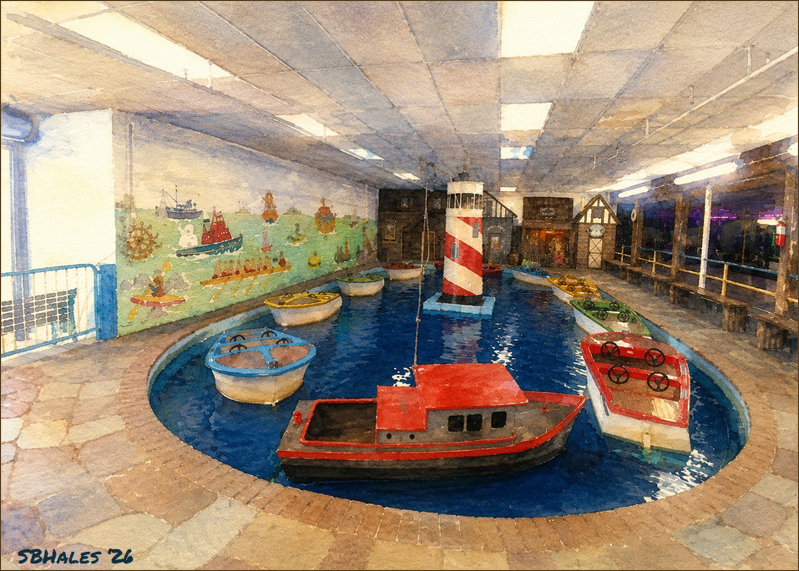 Watercolor painting of the Water Boat Ride at Trimper Rides in Ocean City, Maryland, in 1959, showing children piloting colorful motorized boats around an indoor lagoon with a lighthouse at the center.