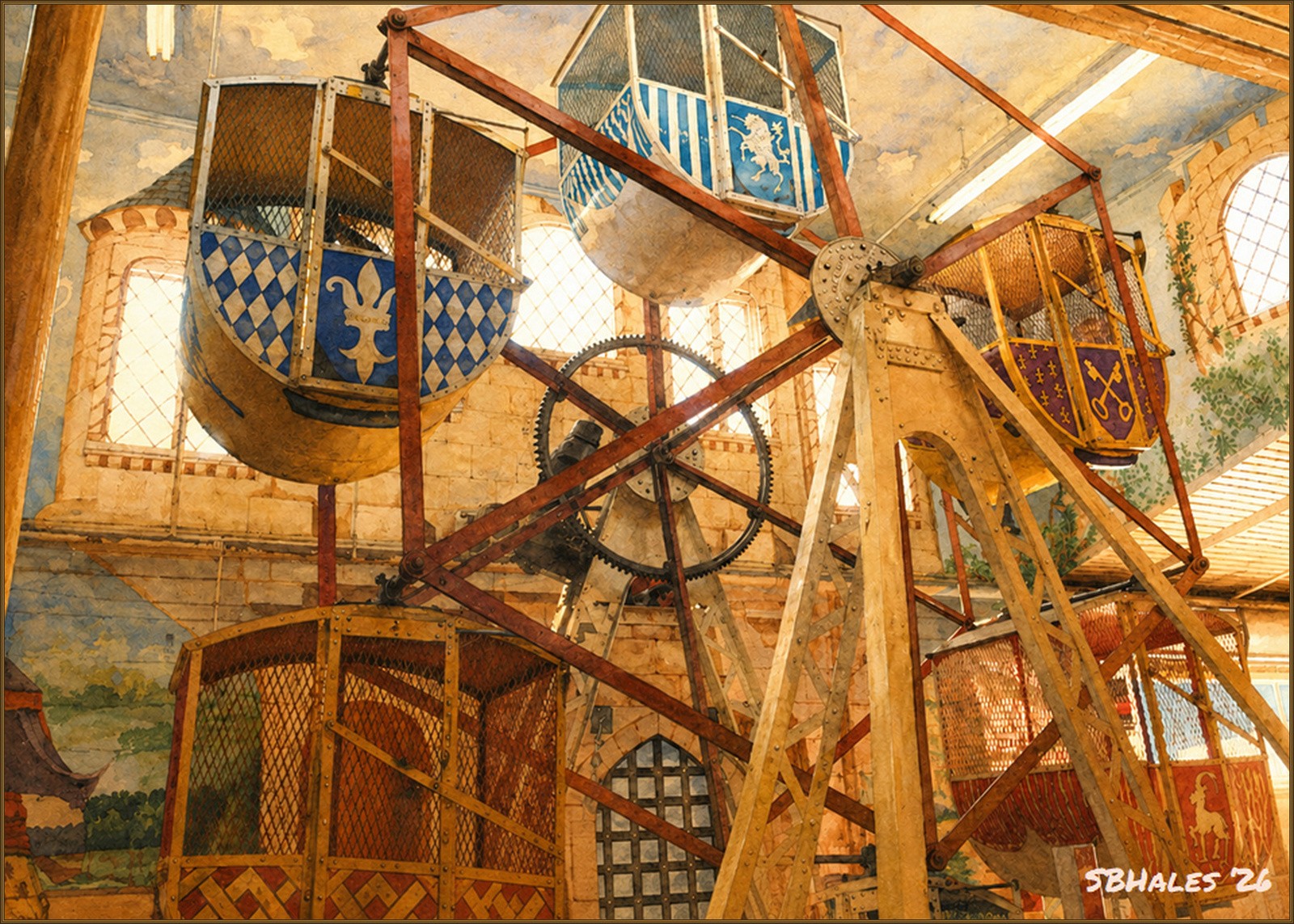 Watercolor painting of the Kiddie Ferris Wheel at Trimper Rides in Ocean City, Maryland, in 1959, showing colorful enclosed cars inside the historic Carousel Building.