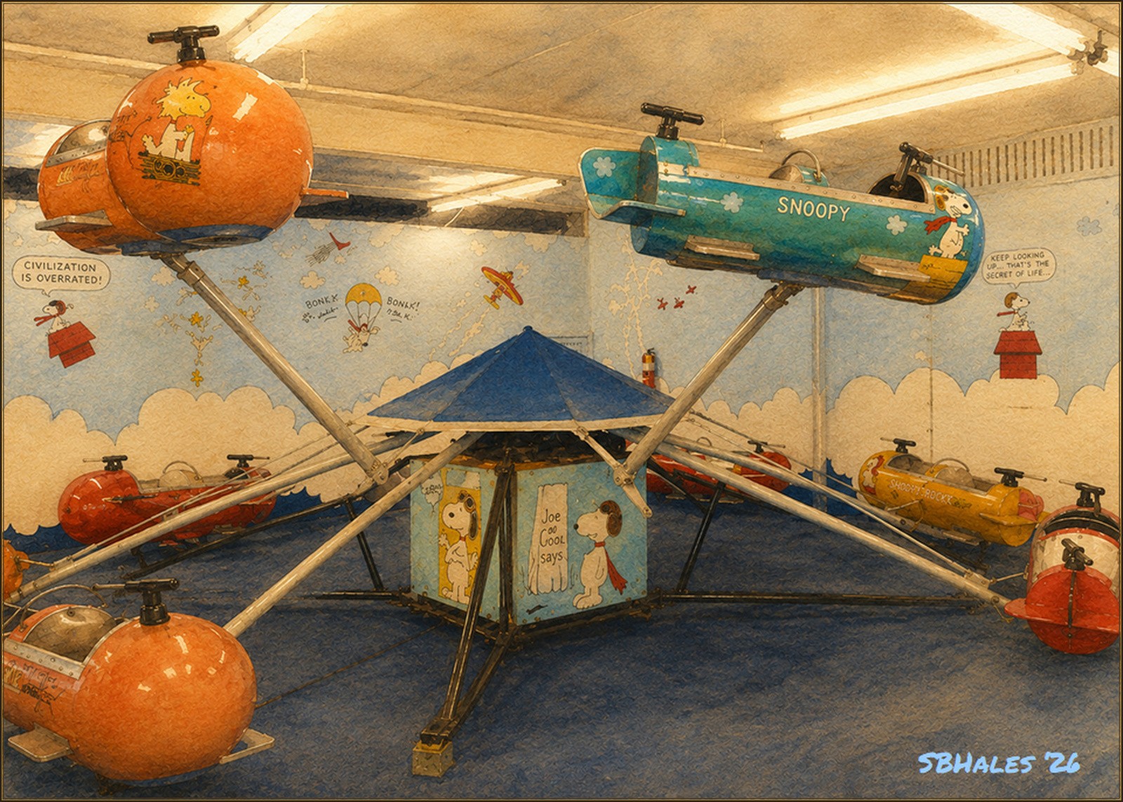 Watercolor painting of an indoor airplane ride at Trimper Rides in Ocean City, Maryland, in 1959, showing colorful child-sized airplanes suspended above a central rotating hub in a Snoopy-themed setting.