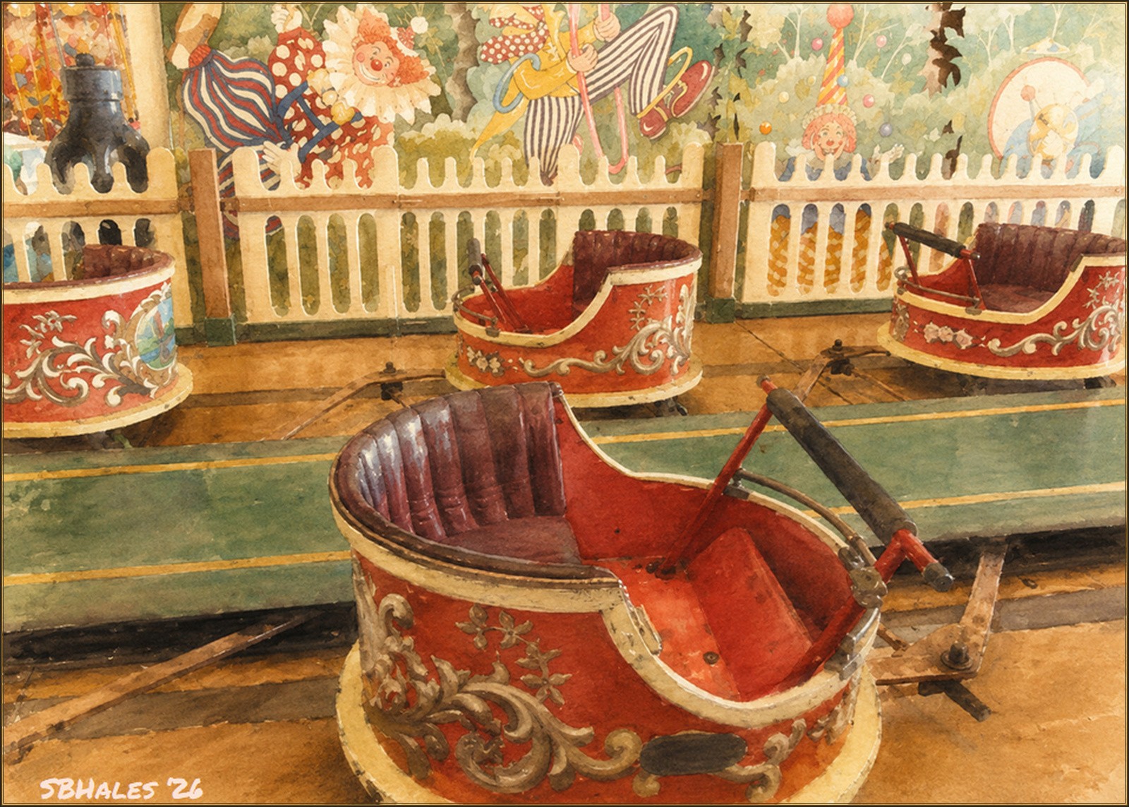 Watercolor painting of the Fairy Whip at Trimper Rides in Ocean City, Maryland, in 1959, showing ornate small open cars on a classic circular amusement ride.