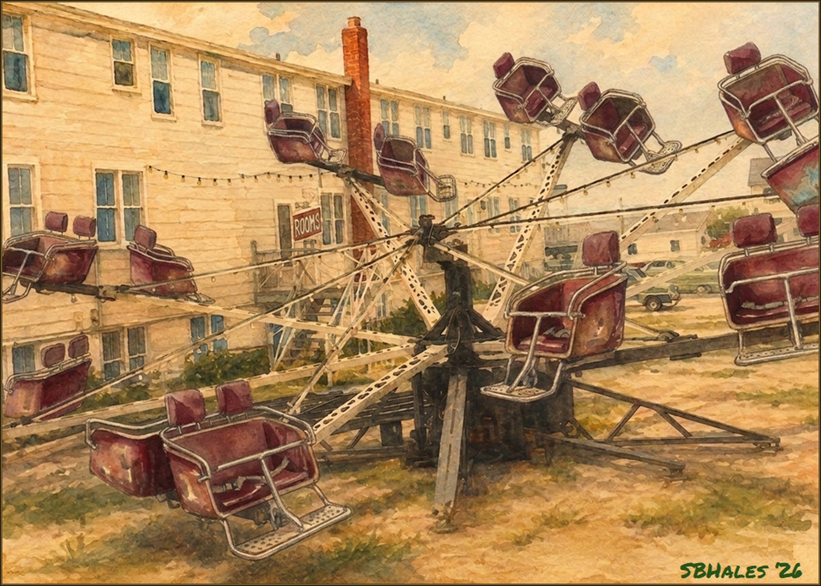 Watercolor painting of the Octopus ride at Trimper Rides in Ocean City, Maryland, in 1960, showing maroon cars on rotating arms beside a historic Ocean City lodging building.