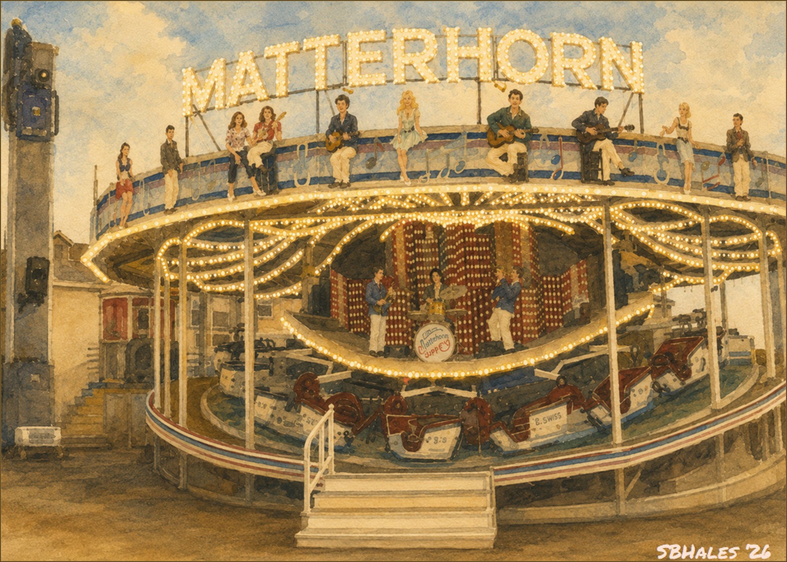 Watercolor painting of the Matterhorn ride at Trimper Rides in Ocean City, Maryland, in 1960, showing illuminated cars circling a vintage amusement ride beside a historic lodging building.