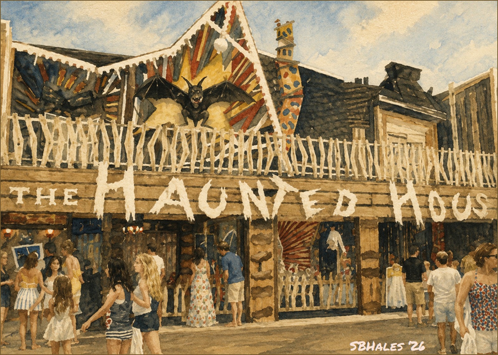 Watercolor painting of the Haunted House at Trimper Rides in Ocean City, Maryland, in 1964, showing the spooky boardwalk attraction and summer visitors.