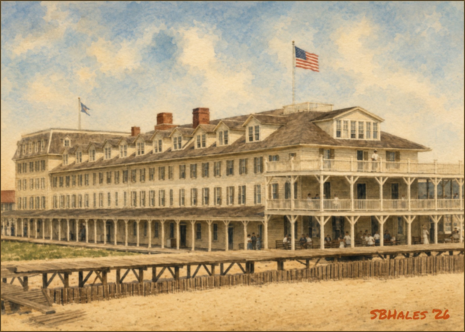 Watercolor painting of the Atlantic Hotel in Ocean City, Maryland, in 1911, showing the historic wooden hotel, elevated porches, American flag, and sandy beachfront.