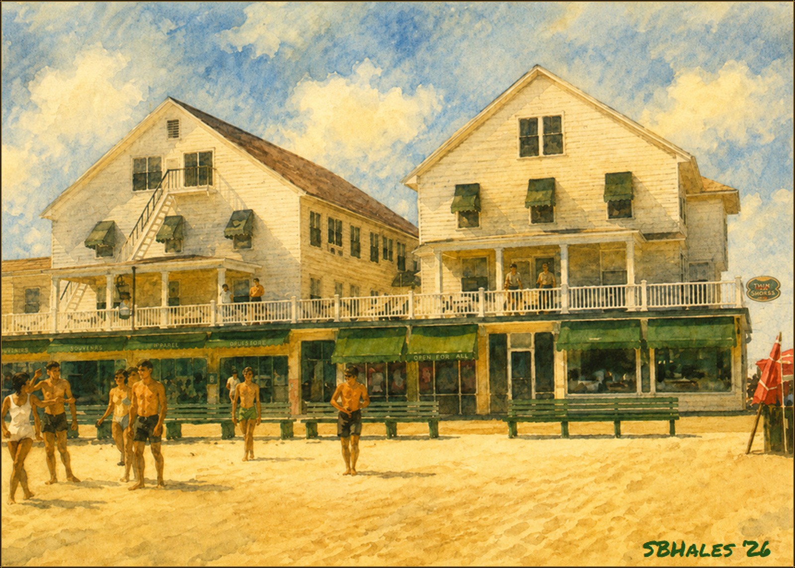 Watercolor painting of the Maryland Inn on the Ocean City, Maryland, boardwalk, showing its beachfront hotel buildings, shops, porches, visitors, and sandy foreground.