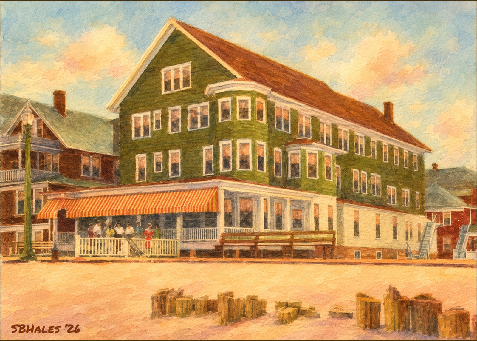Watercolor painting of The Breakers Hotel on the Ocean City, Maryland, Boardwalk, showing the historic oceanfront hotel, porch, storefront, beach, and wooden groynes.