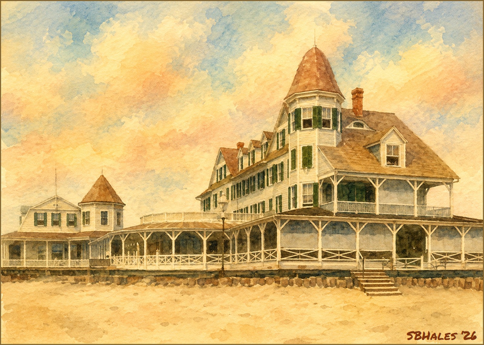 Watercolor painting of the historic Plimhimmon Hotel on the Ocean City, Maryland, Boardwalk in 1925, showing its grand Victorian architecture, broad porches, beach, and oceanfront setting.