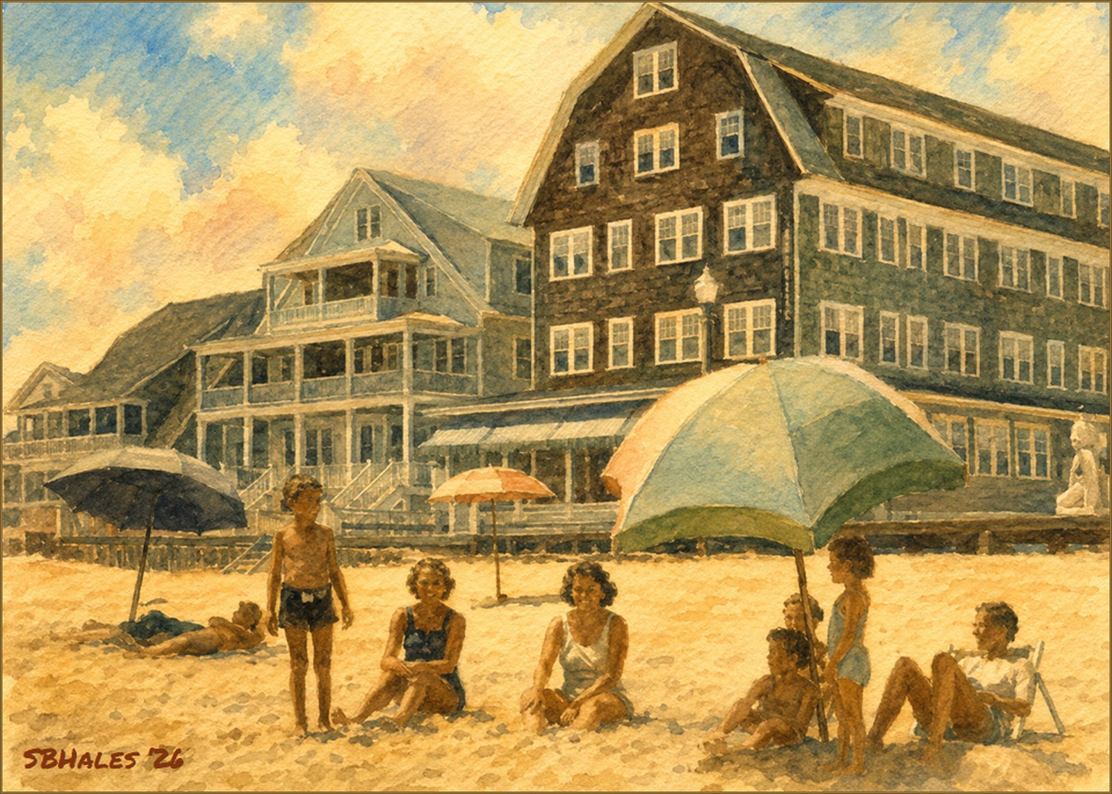 Watercolor painting of the historic Majestic Hotel on the Ocean City, Maryland, Boardwalk, showing its grand wooden architecture, broad oceanfront porch, beach, and summer visitors.