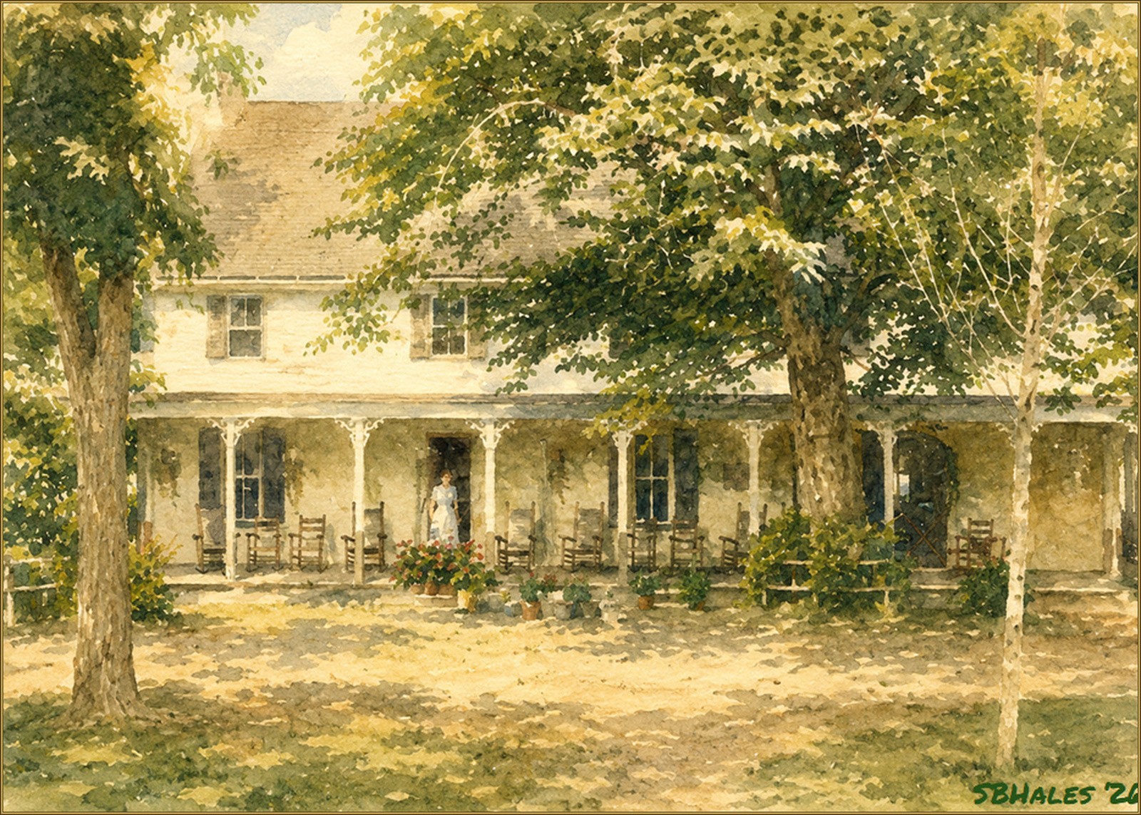 Watercolor painting of the historic Marshall Hall manor house in 1905, showing its two-story white exterior, long columned porch, rocking chairs, trees, and surrounding grounds along the Potomac River in southern Maryland.