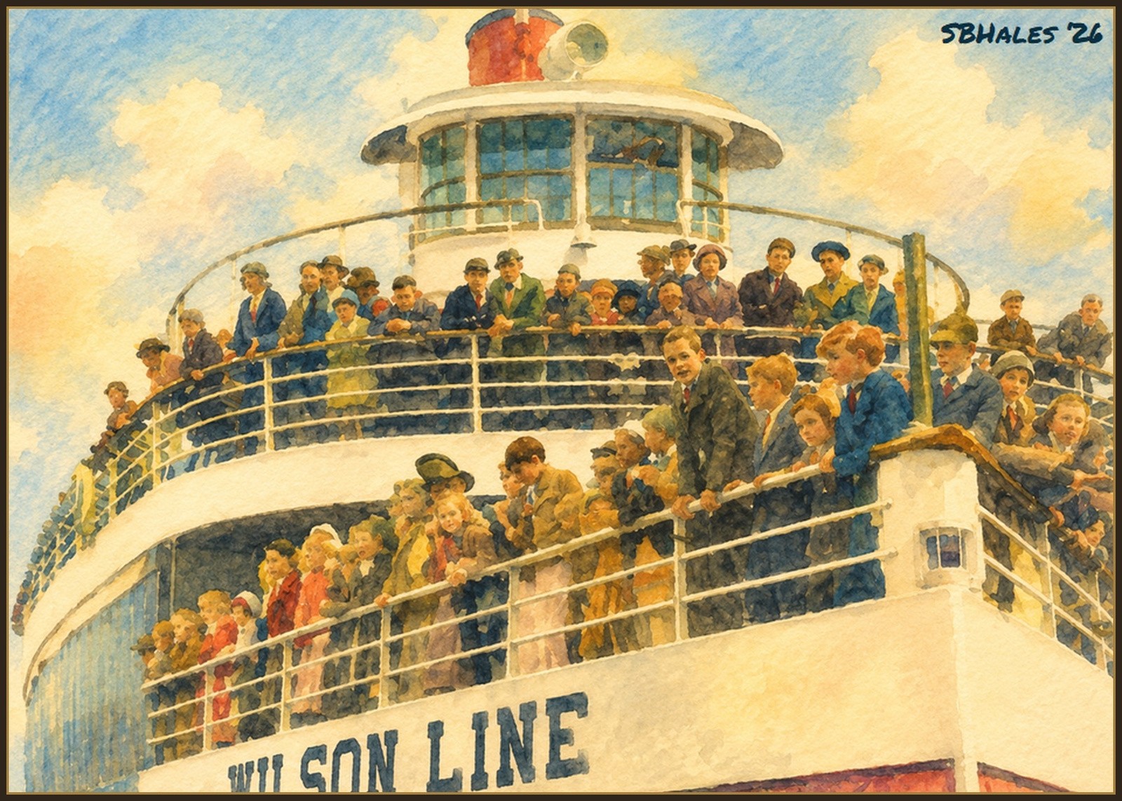 Watercolor painting of the S.S. Mount Vernon excursion steamer arriving at Marshall Hall, filled with families and visitors enjoying the upper and lower decks during a Potomac River cruise in the 1950s and 1960s.