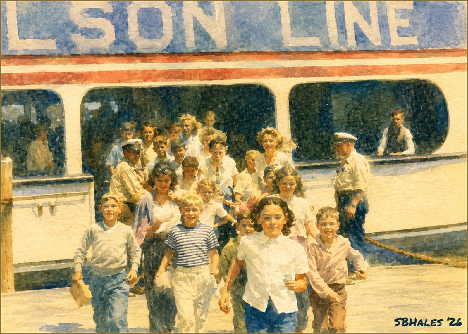 Watercolor painting of children and families disembarking from the S.S. Mount Vernon at Marshall Hall in the late 1950s, with the Wilson Line excursion steamer filling the background along the Potomac River.