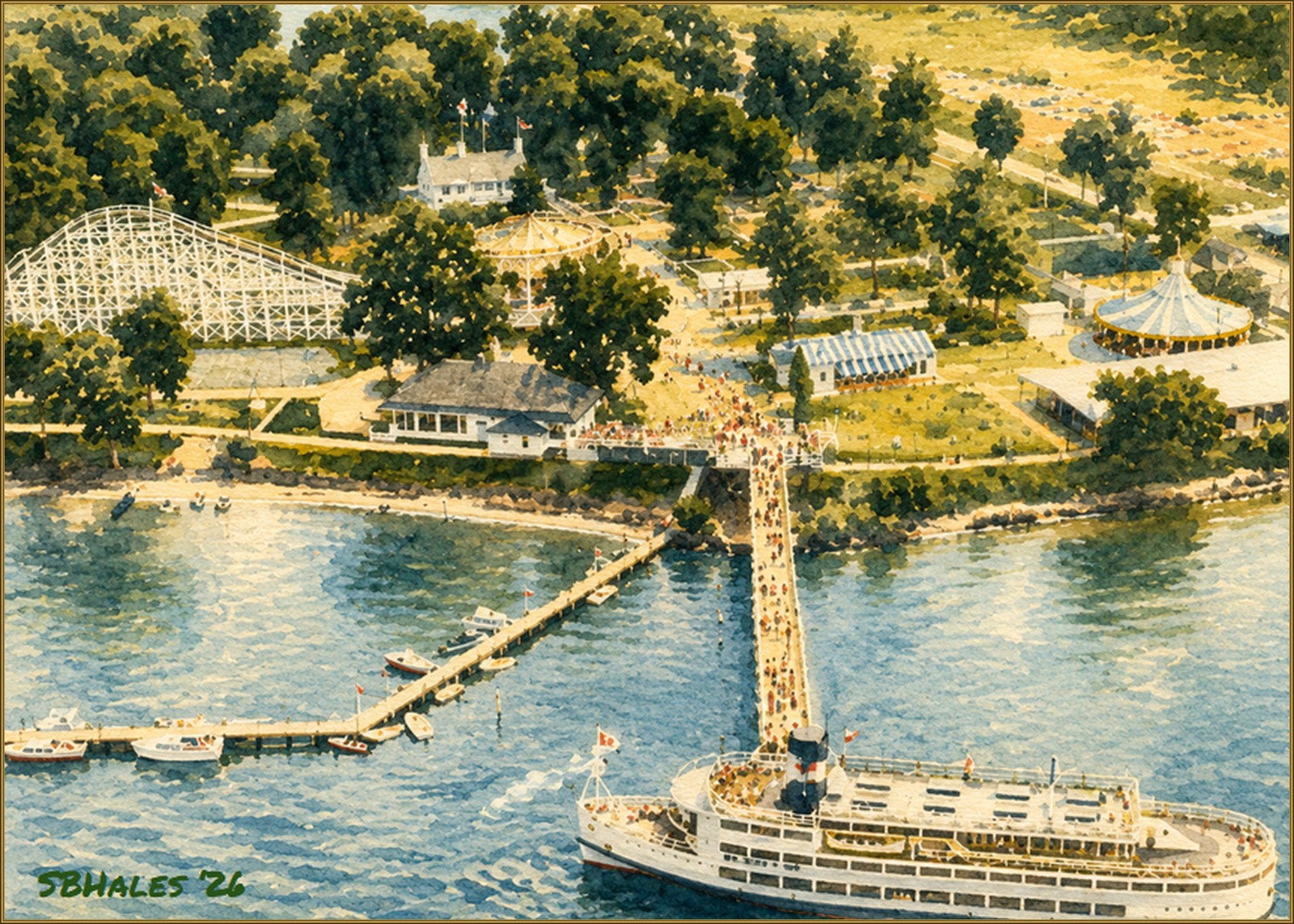 Watercolor painting of Marshall Hall amusement park from the air on a bright summer day, showing the Potomac River, long pier, S.S. Mount Vernon, crowds, white wooden roller coaster, carousel, picnic pavilions, trees, and the historic Marshall Hall estate in the distance.