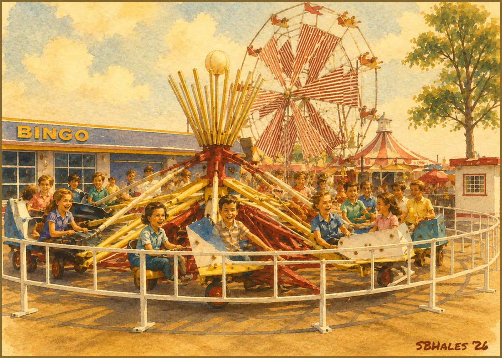 Watercolor painting of Marshall Hall amusement park from the air on a bright summer day, showing the Potomac River, long pier, S.S. Mount Vernon, crowds, white wooden roller coaster, carousel, picnic pavilions, trees, and the historic Marshall Hall estate in the distance.