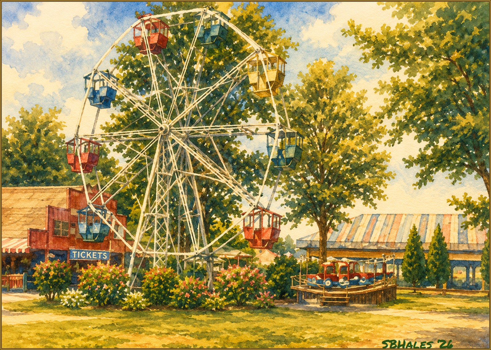 Watercolor painting of the Ferris wheel at Marshall Hall amusement park, showing brightly painted gondolas, flowering shrubs, trees, a ticket booth, and a small amusement ride on a sunny summer day beside the Potomac River.