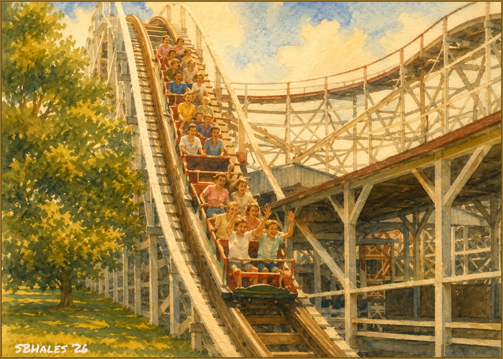 Watercolor painting of Marshall Hall's wooden roller coaster in 1960, showing riders descending a steep hill on the white timber structure beneath a sunny summer sky.
