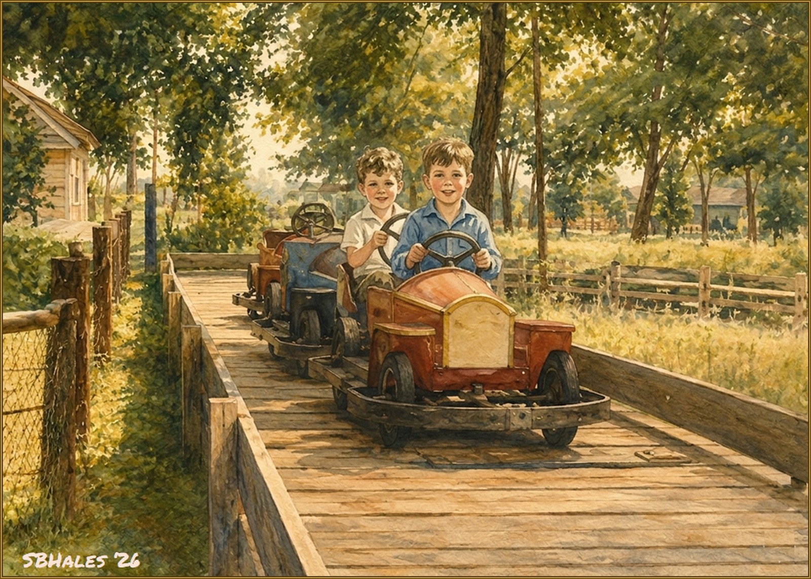 Watercolor painting of a kiddie automobile ride at Marshall Hall, showing young children driving colorful miniature cars along a wooden guided track beneath shady trees beside the amusement park grounds.