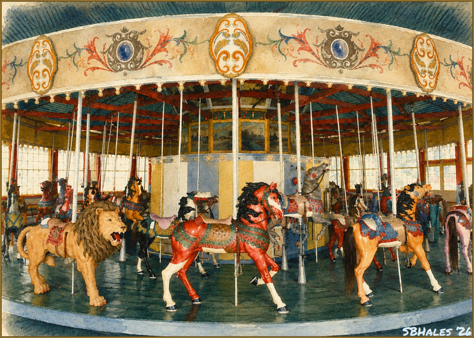 Watercolor painting of the antique carousel at Marshall Hall, featuring richly carved horses and figures, colorful decorations, mirrors, lights, and the classic carousel interior.