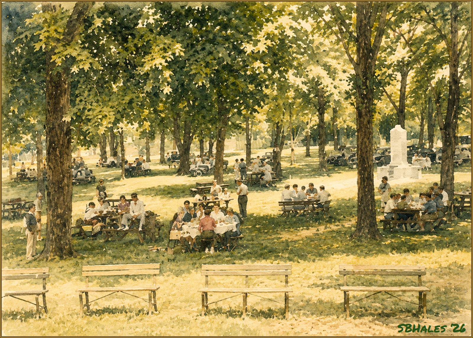 Watercolor painting of families and friends picnicking beneath tall shade trees at Marshall Hall in 1940, with wooden picnic tables, visitors, automobiles, and the peaceful grounds of the Potomac River amusement resort.