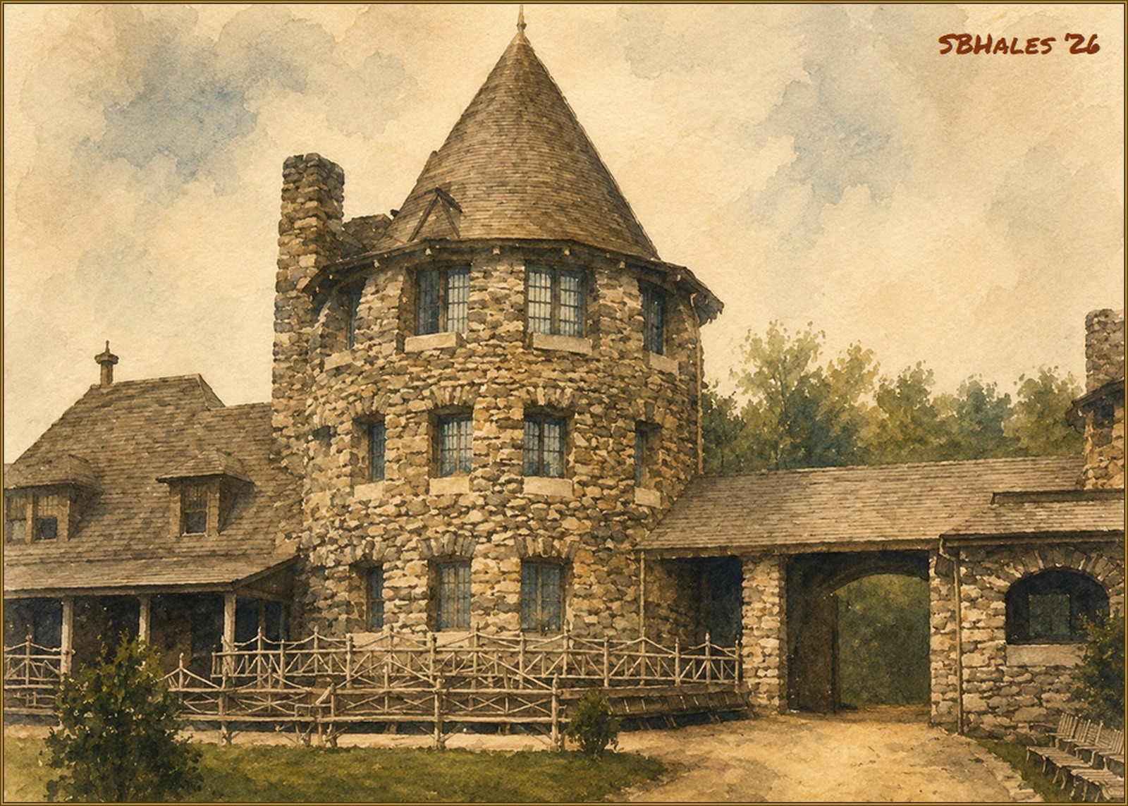Watercolor painting of the historic Glen Echo stone tower and rustic stone buildings in the early Chautauqua era, showing the distinctive round tower, covered passageway, wooded grounds, and period architecture along the Potomac River.