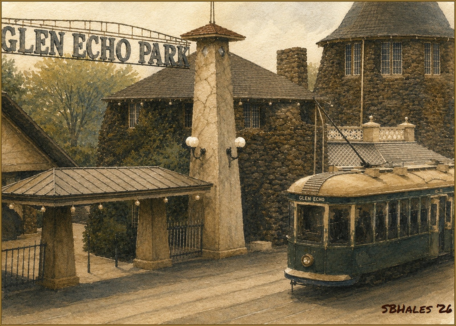 Watercolor painting of the Glen Echo Park entrance in the early 1950s, showing the distinctive stone entrance buildings, Glen Echo Park sign, and a period streetcar arriving along the trolley tracks.