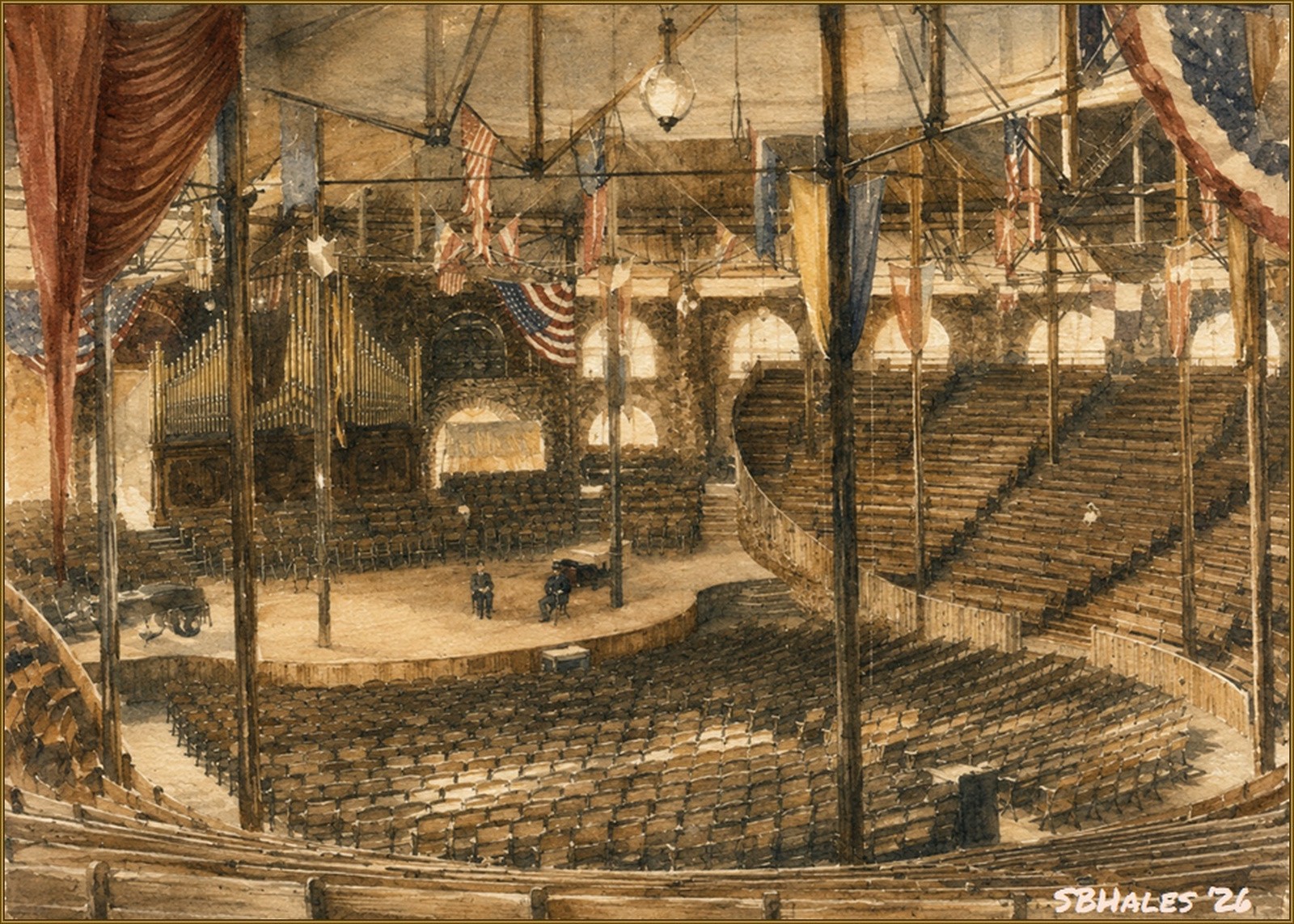 Watercolor painting of the interior of the Glen Echo Chautauqua Amphitheater in 1891, showing the vast seating area, stage, organ, decorative flags, and rustic architectural details beneath the domed structure.