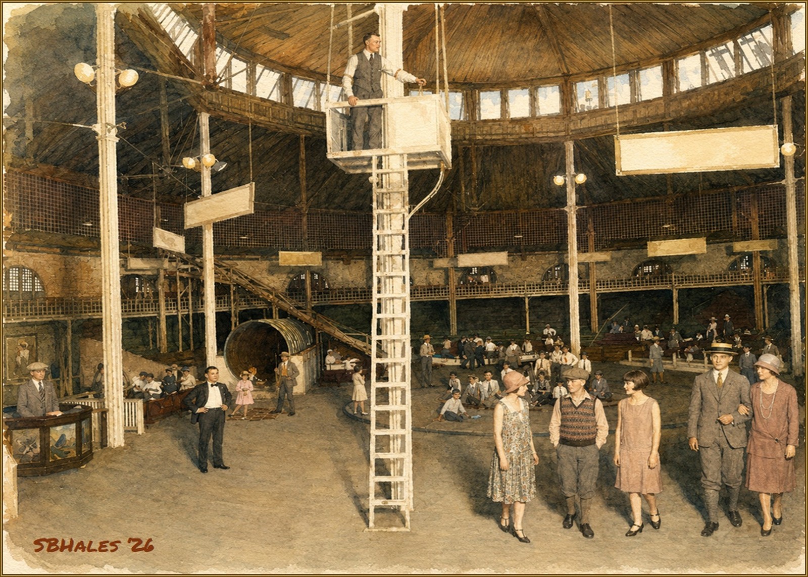 Watercolor painting of the Glen Echo Fun House in 1925, showing the vast interior of the former Chautauqua Amphitheater with a human roulette attraction, slides, ramps, visitors, and period amusement architecture.