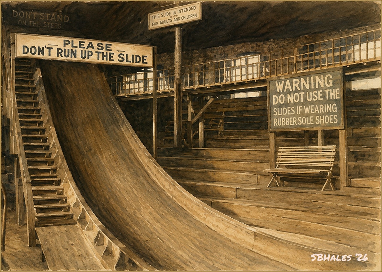 Watercolor painting of the Glen Echo Fun House slide, showing the large polished wooden slide, stairs, railings, benches, and period warning signs inside Glen Echo Park.